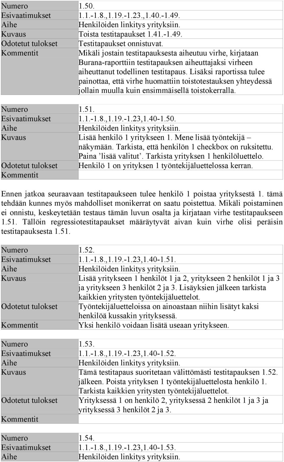 Lisäksi raportissa tulee painottaa, että virhe huomattiin toistotestauksen yhteydessä jollain muulla kuin ensimmäisellä toistokerralla. Numero 1.51. Esivaatimukset 1.1.-1.8.,1.19.-1.23,1.40-1.50.