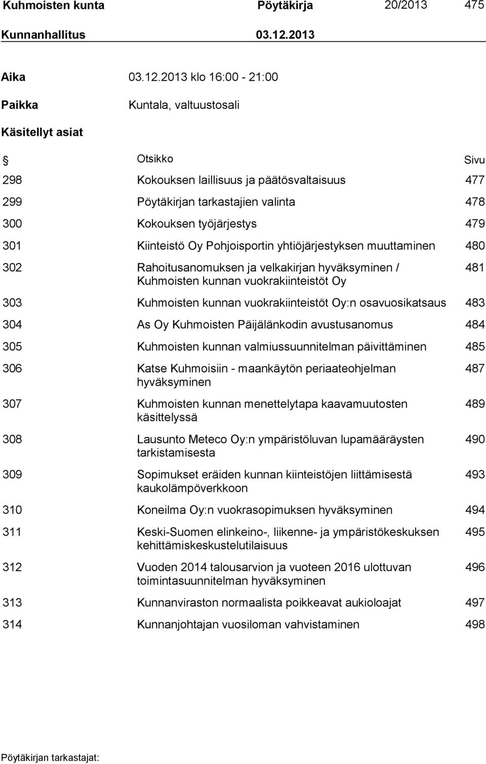 2013 klo 16:00-21:00 Paikka Kuntala, valtuustosali Käsitellyt asiat Otsikko Sivu 298 Kokouksen laillisuus ja päätösvaltaisuus 477 299 Pöytäkirjan tarkastajien valinta 478 300 Kokouksen työjärjestys