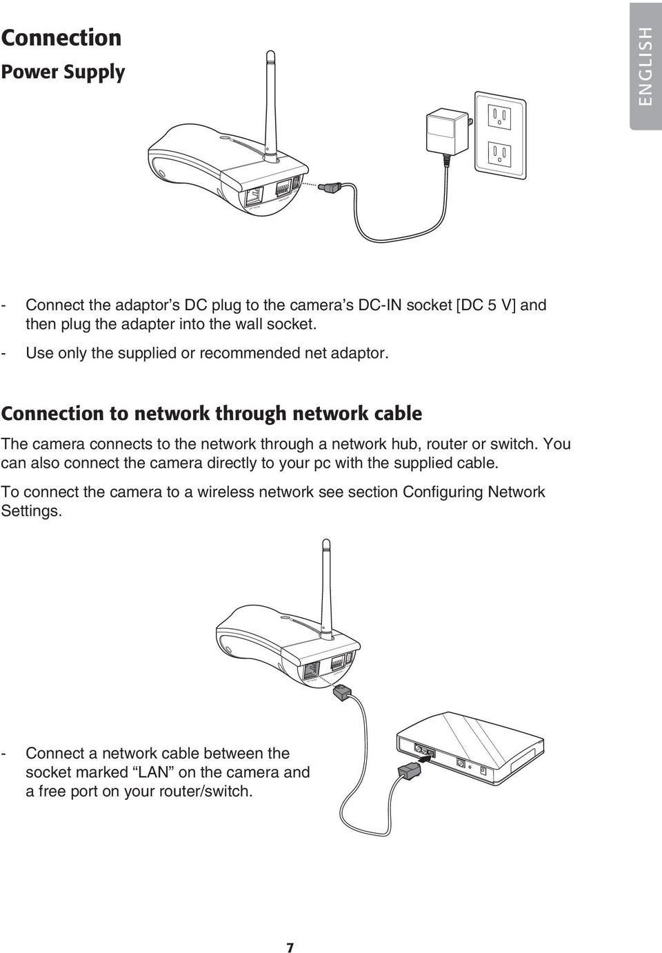 Connection to network through network cable The camera connects to the network through a network hub, router or switch.