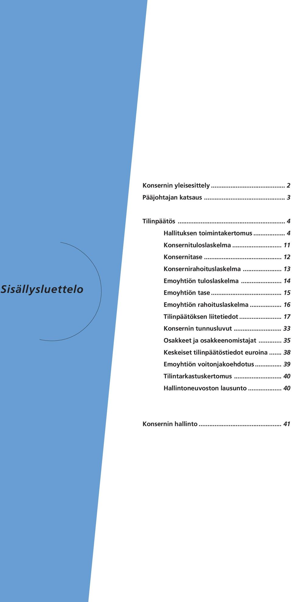 .. 15 Emoyhtiön rahoituslaskelma... 16 Tilinpäätöksen liitetiedot... 17 Konsernin tunnusluvut... 33 Osakkeet ja osakkeenomistajat.