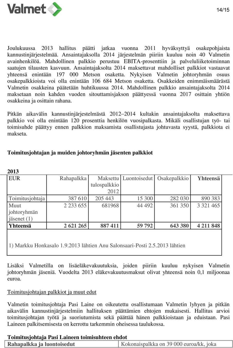 Ansaintajaksolta 2014 maksettavat mahdolliset palkkiot vastaavat yhteensä enintään 197 000 Metson osaketta.