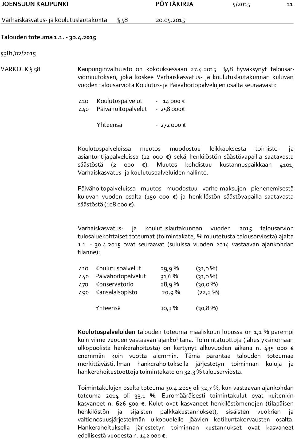 2015 48 hyväksynyt ta lousarviomuu tok sen, joka koskee Varhaiskasvatus- ja koulutuslautakunnan kuluvan vuo den talousarviota Koulutus- ja Päivähoitopalvelujen osalta seuraavasti: 410