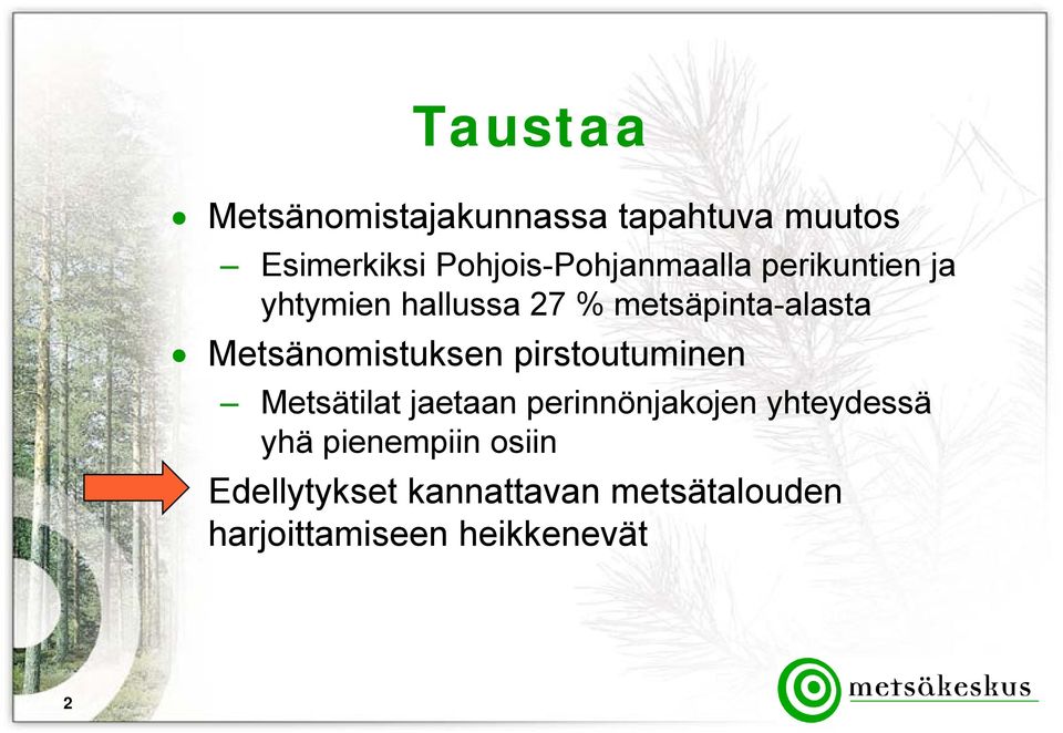 metsäpinta-alasta Metsänomistuksen pirstoutuminen Metsätilat jaetaan