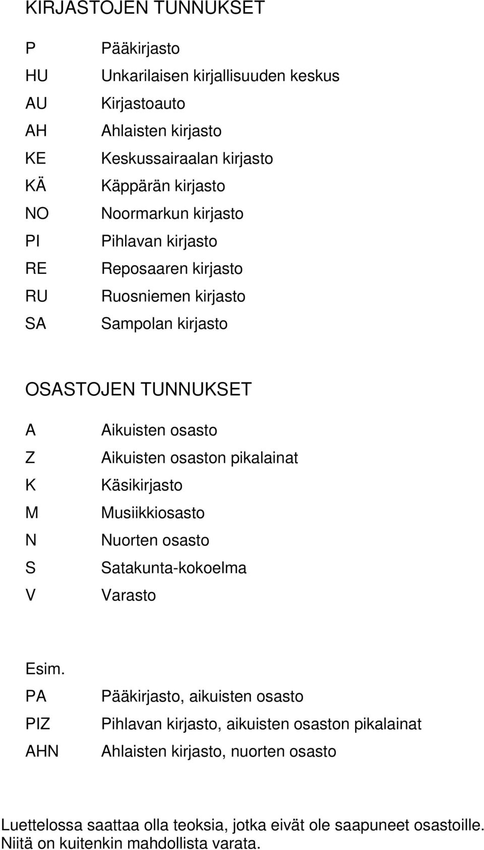 Aikuisten osaston pikalainat Käsikirjasto Musiikkiosasto Nuorten osasto Satakunta-kokoelma Varasto Esim.