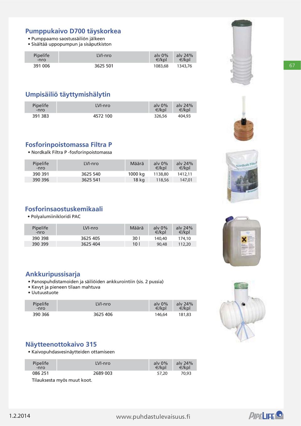 Fosforinsaostuskemikaali LVI Määrä alv 0% 390 398 3625 405 30 l 390 399 3625 404 10 l Ankkuripussisarja LVI alv