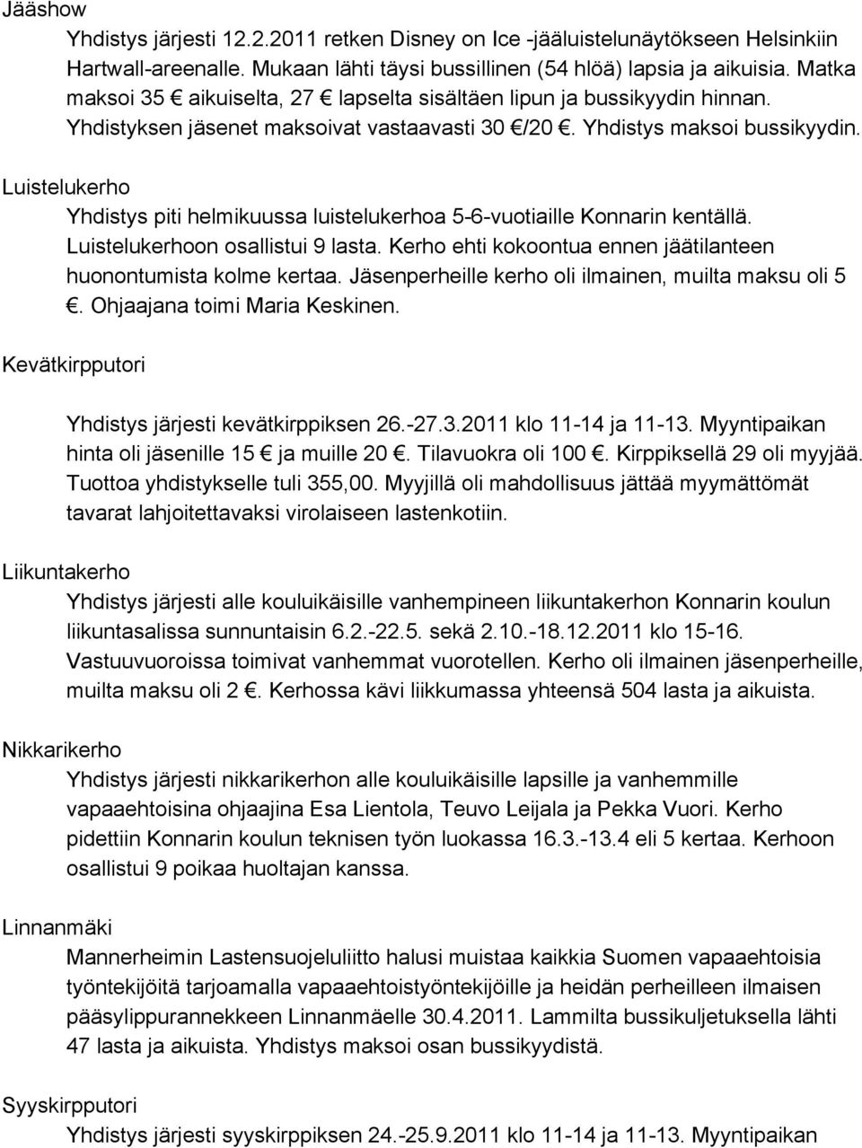 Luistelukerho Yhdistys piti helmikuussa luistelukerhoa 5 6 vuotiaille Konnarin kentällä. Luistelukerhoon osallistui 9 lasta. Kerho ehti kokoontua ennen jäätilanteen huonontumista kolme kertaa.