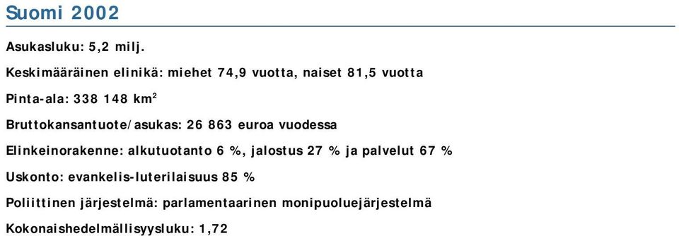 Bruttokansantuote/asukas: 26 863 euroa vuodessa Elinkeinorakenne: alkutuotanto 6 %, jalostus