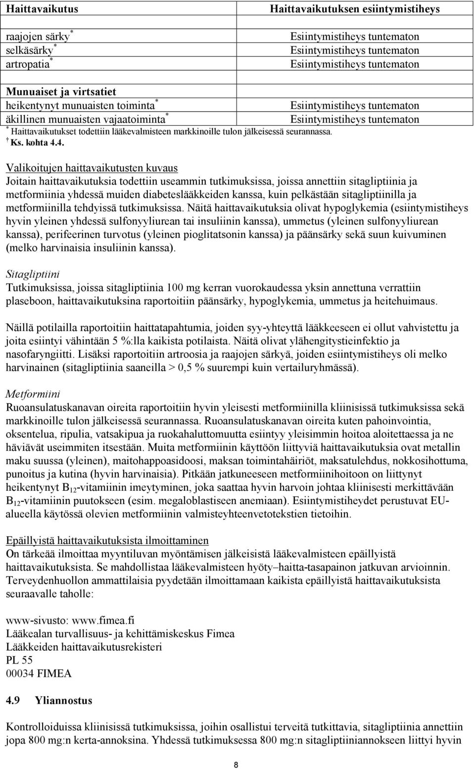 4. Valikoitujen haittavaikutusten kuvaus Joitain haittavaikutuksia todettiin useammin tutkimuksissa, joissa annettiin sitagliptiinia ja metformiinia yhdessä muiden diabeteslääkkeiden kanssa, kuin