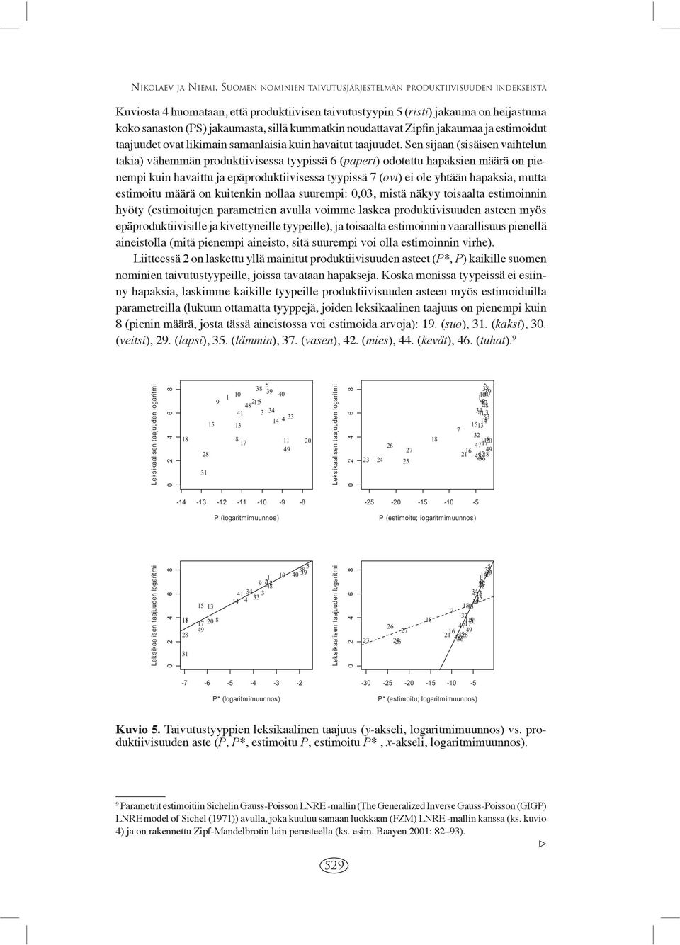 Sen sijaan (sisäisen vaihtelun takia) vähemmän produktiivisessa tyypissä 6 (paperi) odotettu hapaksien määrä on pienempi kuin havaittu ja epäproduktiivisessa tyypissä 7 (ovi) ei ole yhtään hapaksia,