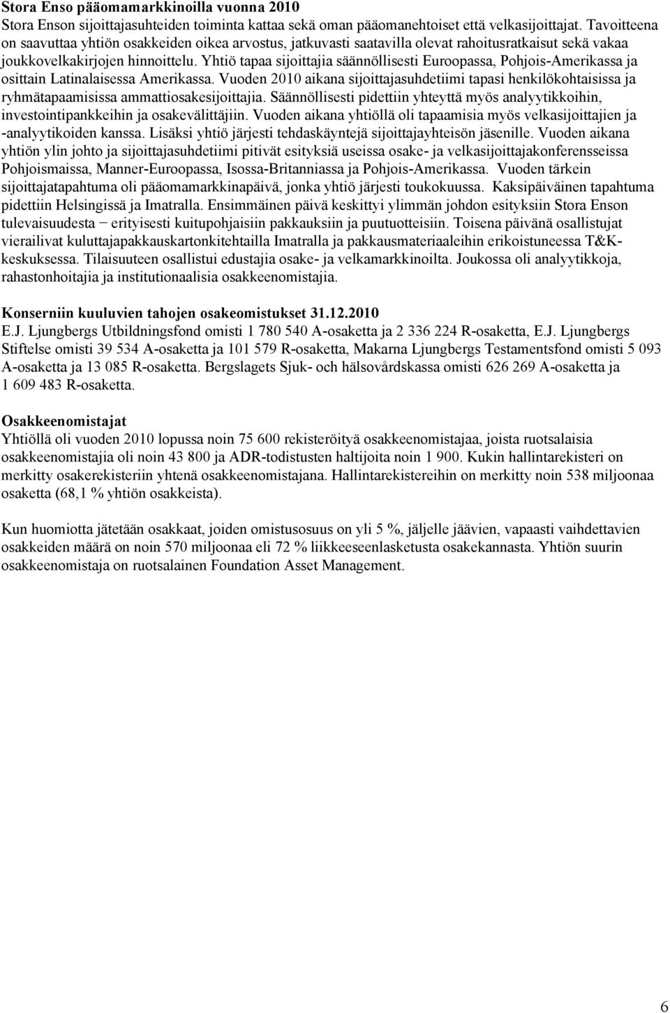 Yhtiö tapaa sijoittajia säännöllisesti Euroopassa, Pohjois-Amerikassa ja osittain Latinalaisessa Amerikassa.