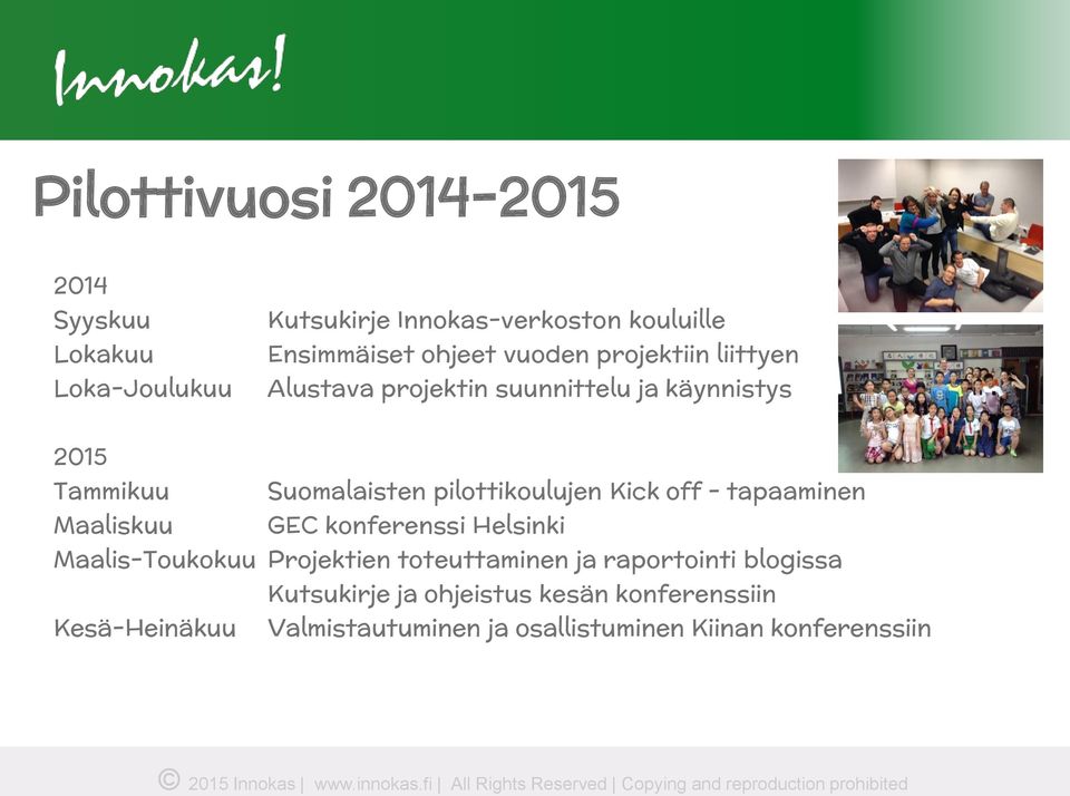 Kick off - tapaaminen Maaliskuu GEC konferenssi Helsinki Maalis-Toukokuu Projektien toteuttaminen ja raportointi