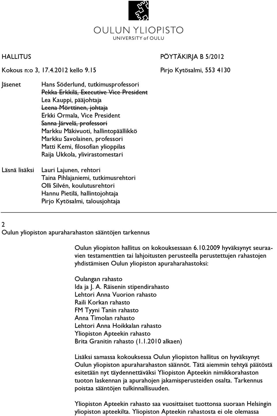 President Sanna Järvelä, professori Markku Mäkivuoti, hallintopäällikkö Markku Savolainen, professori Matti Kemi, filosofian ylioppilas Raija Ukkola, ylivirastomestari Lauri Lajunen, rehtori Taina