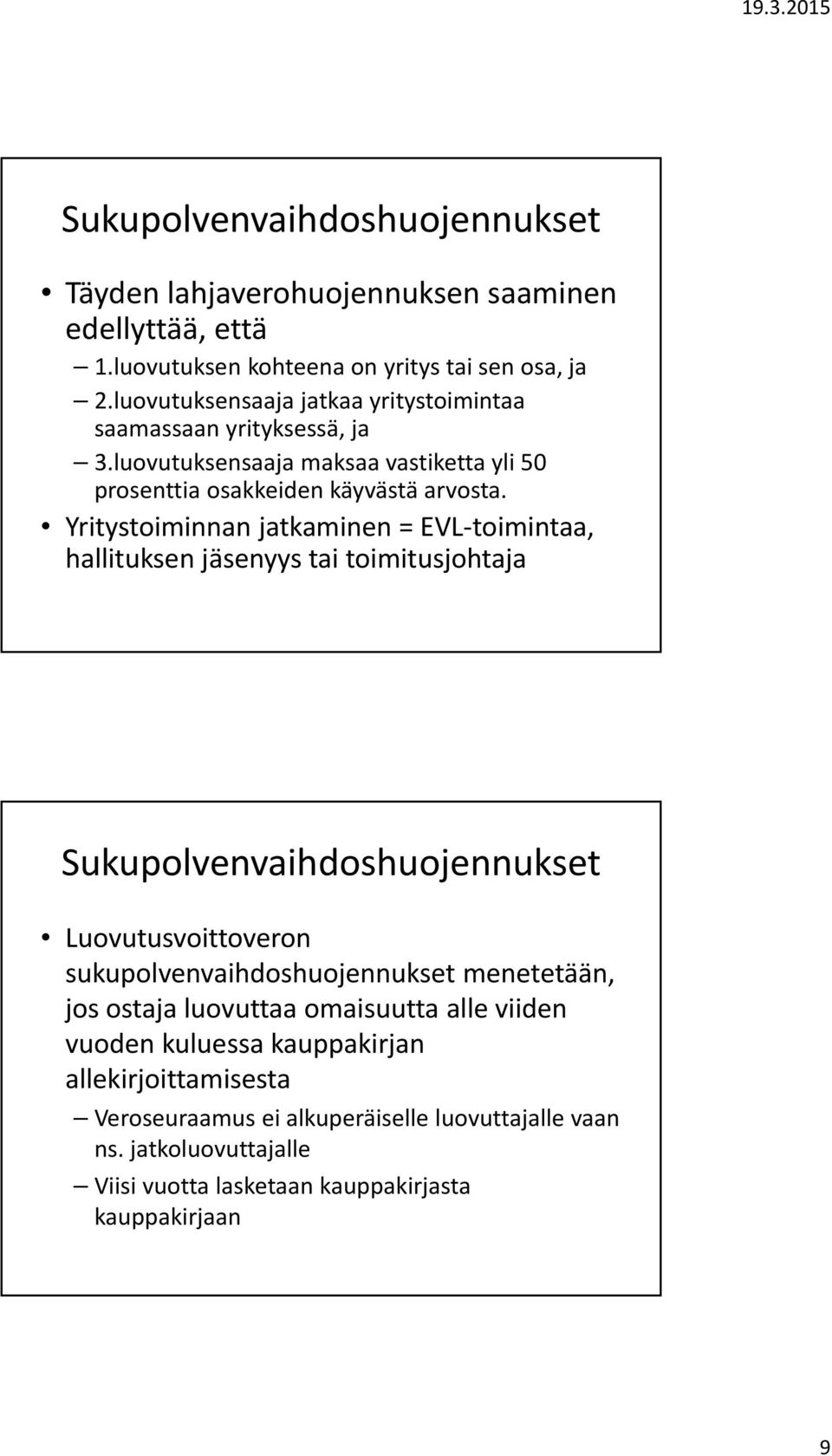 Yritystoiminnan jatkaminen = EVL toimintaa, hallituksen jäsenyys tai toimitusjohtaja Sukupolvenvaihdoshuojennukset Luovutusvoittoveron sukupolvenvaihdoshuojennukset