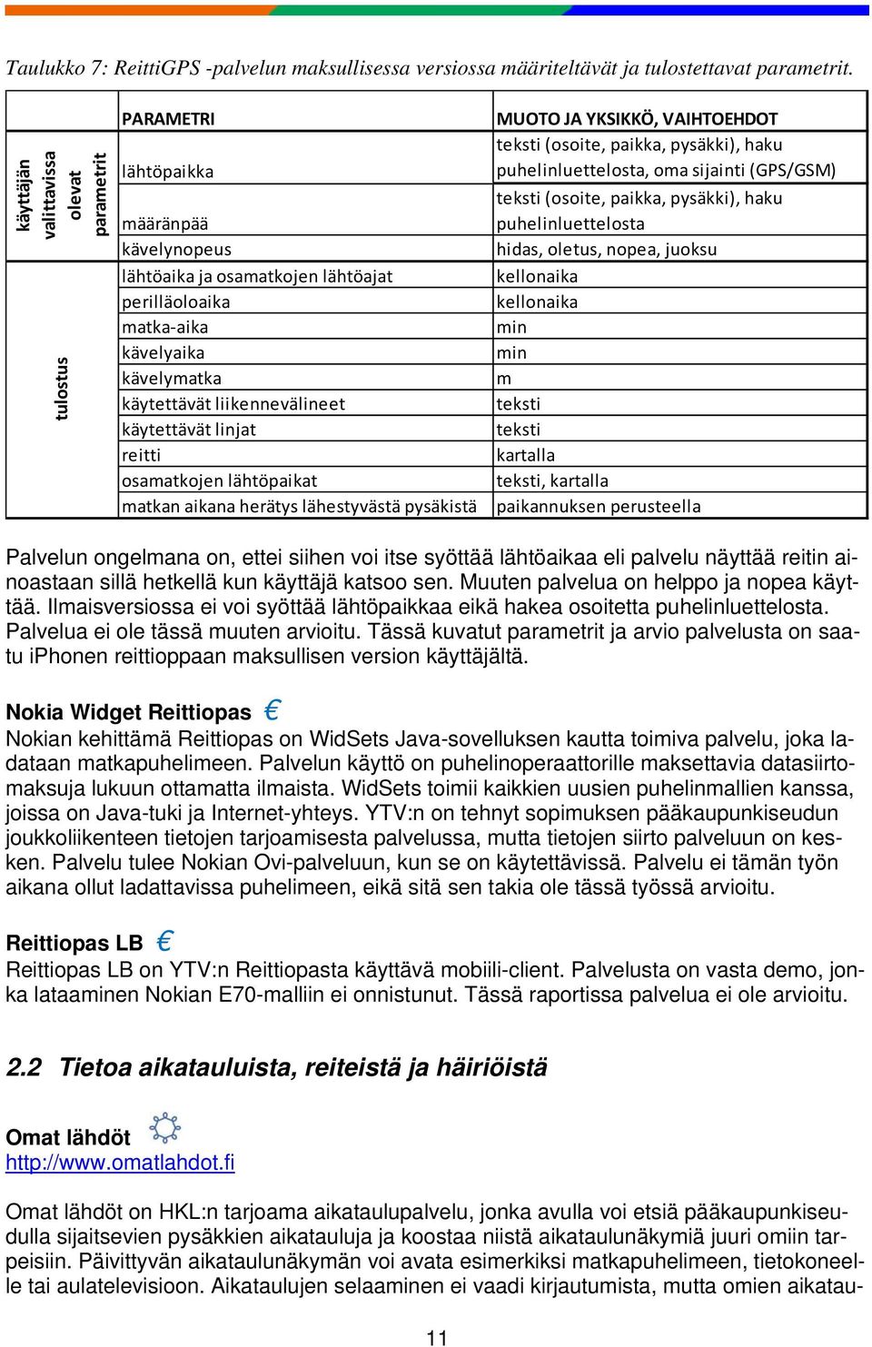 liikennevälineet käytettävät linjat reitti osamatkojen lähtöpaikat matkan aikana herätys lähestyvästä pysäkistä MUOTO JA YKSIKKÖ, VAIHTOEHDOT (osoite, paikka, pysäkki), haku puhelinluettelosta, oma