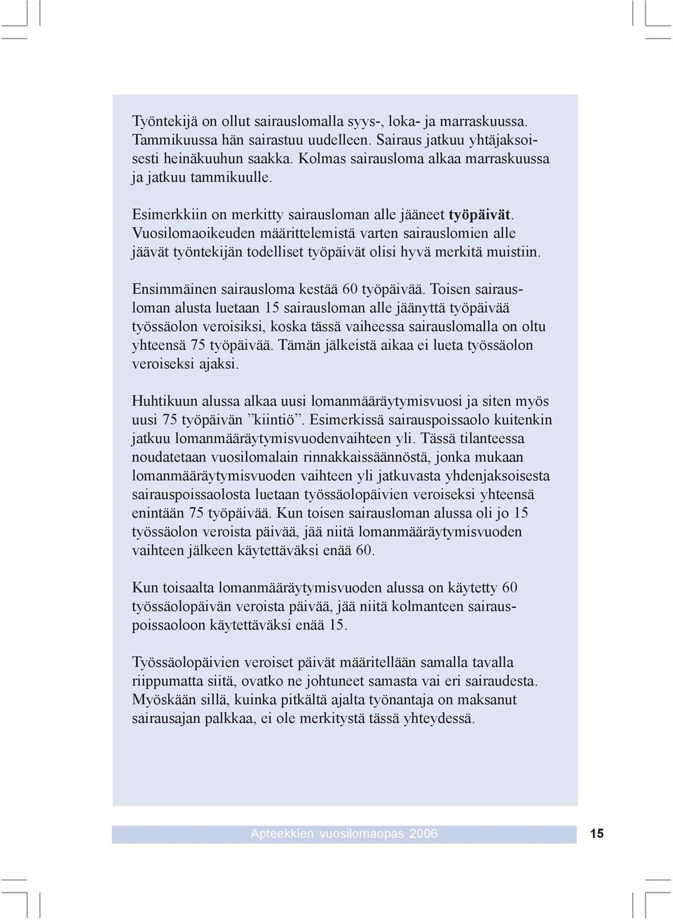 Vuosilomaoikeuden määrittelemistä varten sairauslomien alle jäävät työntekijän todelliset työpäivät olisi hyvä merkitä muistiin. Ensimmäinen sairausloma kestää 60 työpäivää.