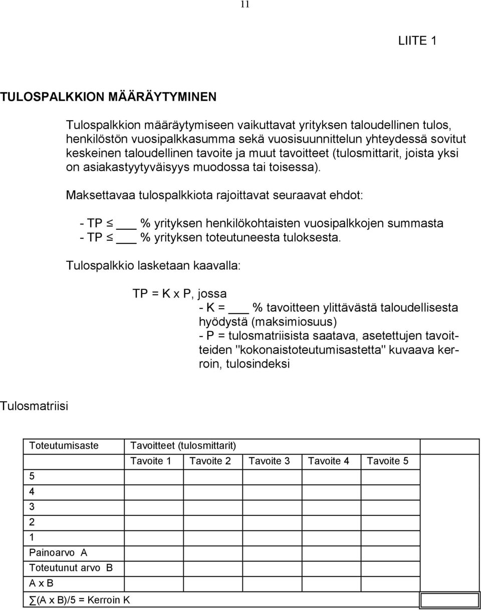 Maksettavaa tulospalkkiota rajoittavat seuraavat ehdot: - TP % yrityksen henkilökohtaisten vuosipalkkojen summasta - TP % yrityksen toteutuneesta tuloksesta.