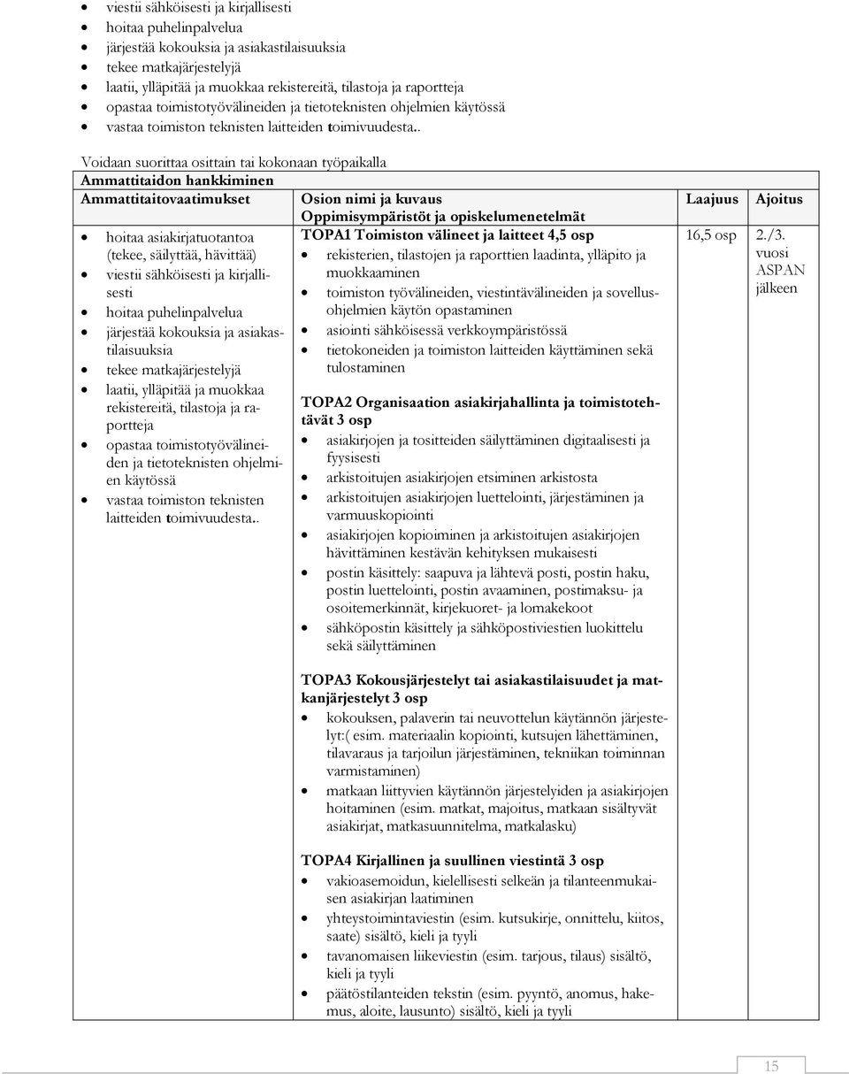 . Voidaan suorittaa osittain tai kokonaan työpaikalla Ammattitaidon hankkiminen Ammattitaitovaatimukset Osion nimi ja kuvaus Oppimisympäristöt ja opiskelumenetelmät hoitaa asiakirjatuotantoa TOPA1