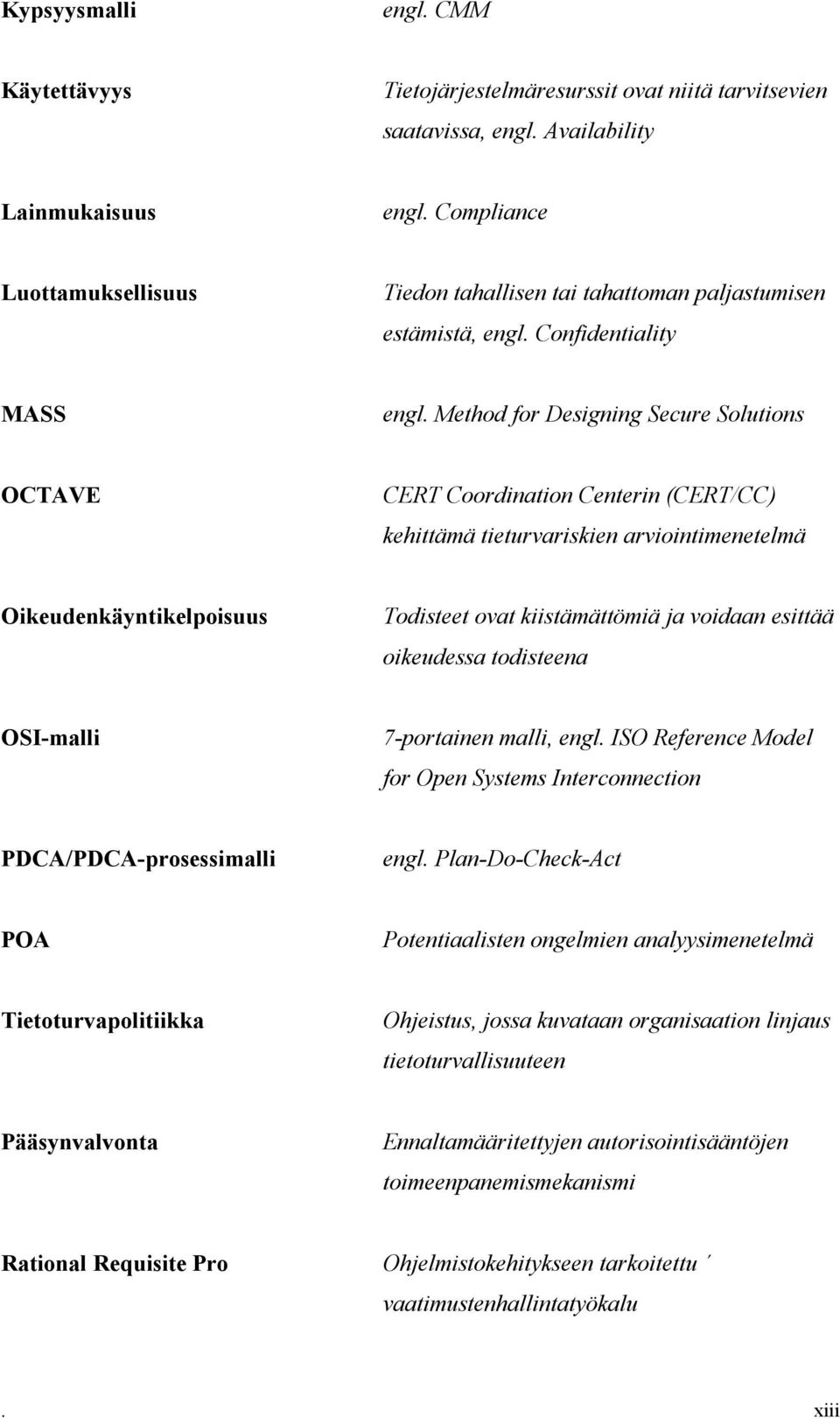 Method for Designing Secure Solutions OCTAVE CERT Coordination Centerin (CERT/CC) kehittämä tieturvariskien arviointimenetelmä Oikeudenkäyntikelpoisuus Todisteet ovat kiistämättömiä ja voidaan