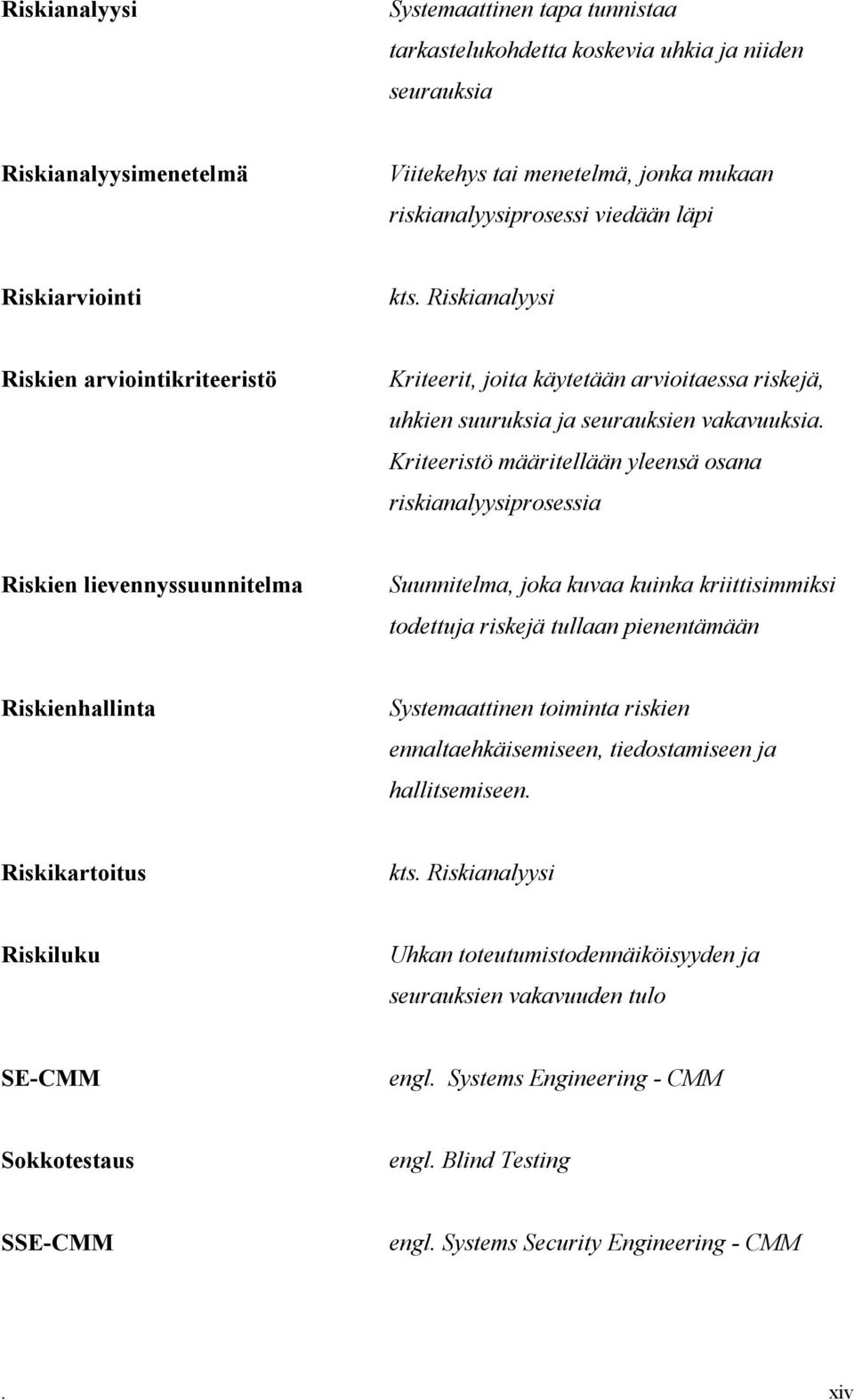 Kriteeristö määritellään yleensä osana riskianalyysiprosessia Riskien lievennyssuunnitelma Suunnitelma, joka kuvaa kuinka kriittisimmiksi todettuja riskejä tullaan pienentämään Riskienhallinta