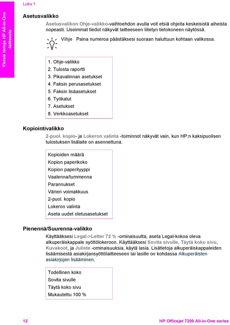 Asetukset 8. Verkkoasetukset Paina numeroa päästäksesi suoraan haluttuun kohtaan valikossa. Kopiointivalikko 2-puol.