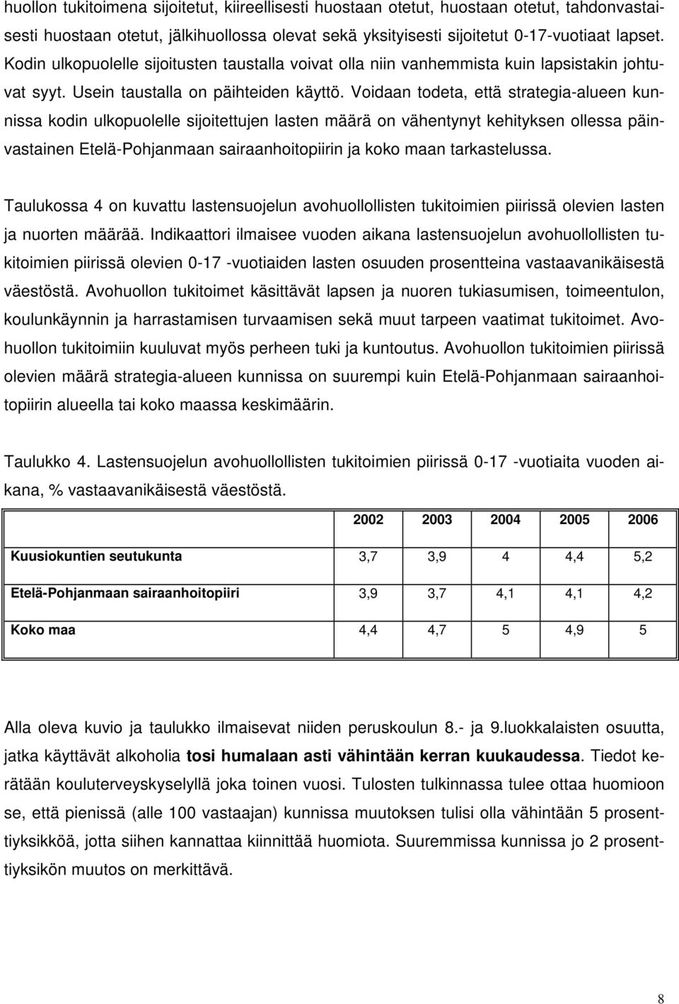 Voidaan todeta, että strategia-alueen kunnissa kodin ulkopuolelle sijoitettujen lasten määrä on vähentynyt kehityksen ollessa päinvastainen Etelä-Pohjanmaan sairaanhoitopiirin ja koko maan