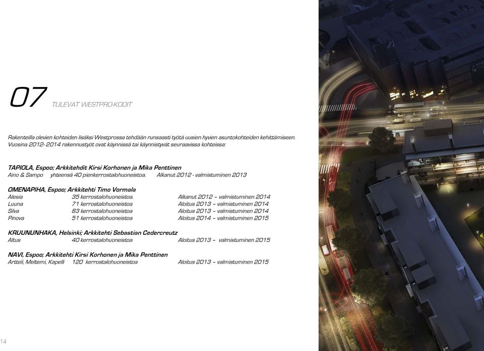 Alkanut 2012 - valmistuminen 2013 OMENAPIHA, Espoo; Arkkitehti Timo Vormala Alesia 35 kerrostalohuoneistoa.