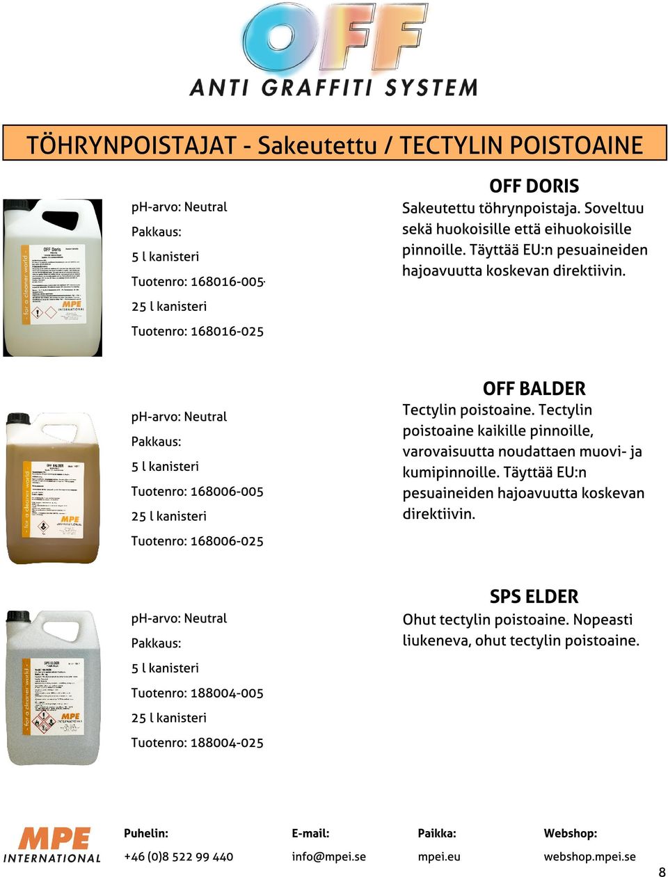 Täyttää EU:n pesuaineiden Tuotenro: 168016-005 Tuotenro: 168016-025 OFF BALDER Tectylin poistoaine.