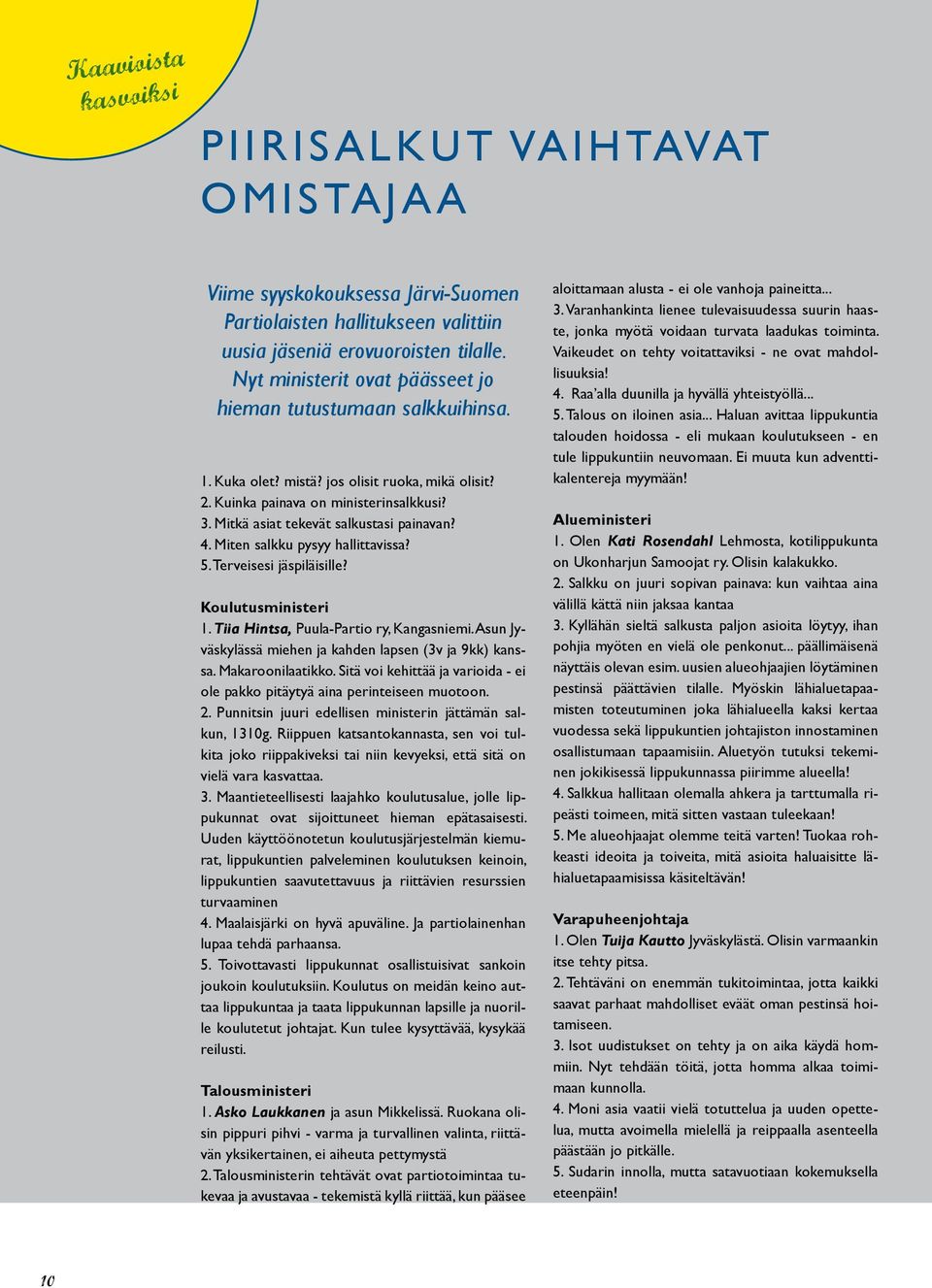 Mitkä asiat tekevät salkustasi painavan? 4. Miten salkku pysyy hallittavissa? 5. Terveisesi jäspiläisille? Koulutusministeri 1. Tiia Hintsa, Puula-Partio ry, Kangasniemi.