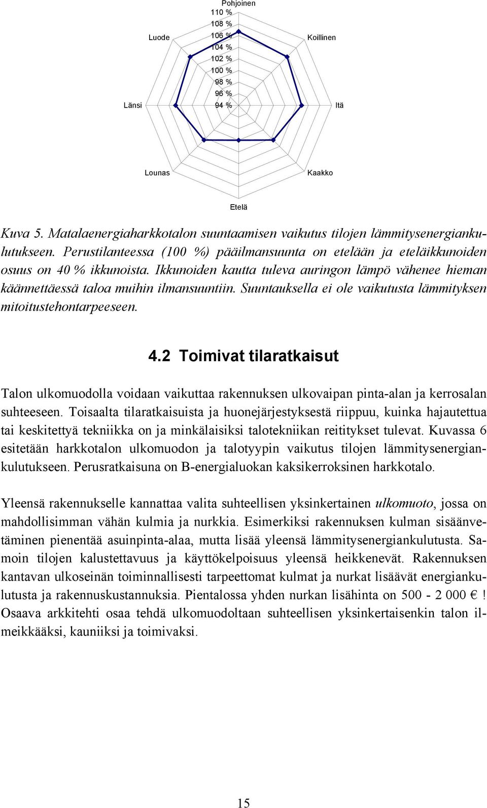 Suuntauksella ei ole vaikutusta lämmityksen mitoitustehontarpeeseen. 4.2 Toimivat tilaratkaisut Talon ulkomuodolla voidaan vaikuttaa rakennuksen ulkovaipan pinta-alan ja kerrosalan suhteeseen.