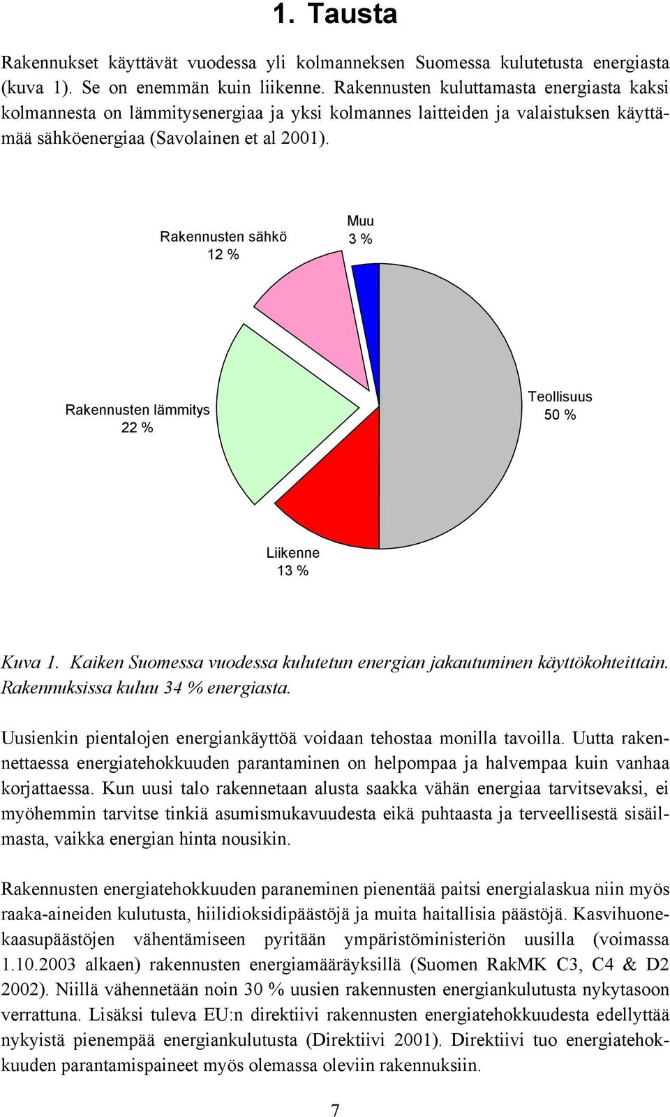 Rakennusten sähkö 12 % Muu 3 % Rakennusten lämmitys 22 % Teollisuus 50 % Liikenne 13 % Kuva 1. Kaiken Suomessa vuodessa kulutetun energian jakautuminen käyttökohteittain.