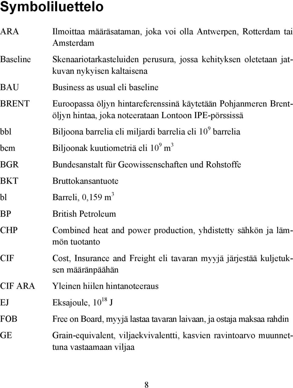 barrelia eli 10 9 barrelia bcm Biljoonak kuutiometriä eli 10 9 m 3 BGR BKT Bundesanstalt für Geowissenschaften und Rohstoffe Bruttokansantuote bl Barreli, 0,159 m 3 BP CHP CIF CIF ARA EJ FOB GE