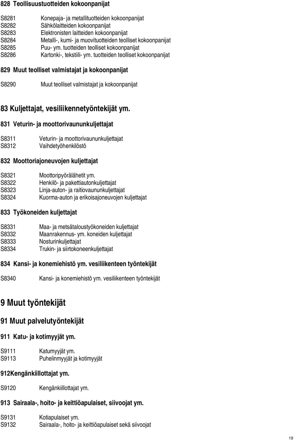 tuotteiden teolliset kokoonpanijat 829 Muut teolliset valmistajat ja kokoonpanijat S8290 Muut teolliset valmistajat ja kokoonpanijat 83 Kuljettajat, vesiliikennetyöntekijät ym.