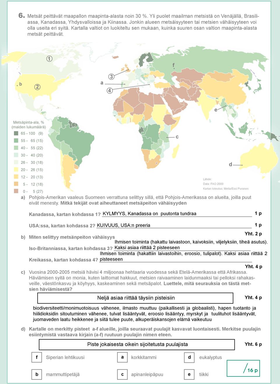 1 f b 2 a 4 3 e Metsäpinta-ala, % (maiden lukumäärä) 65-100 (9) 55-65 (15) 40-55 (22) 30-40 (20) 26-30 (18) 20-26 (15) 12-20 (13) 5-12 (18) Lähde: Data: FAO 2000 Kartan toteutus: Metia/Essi Puranen