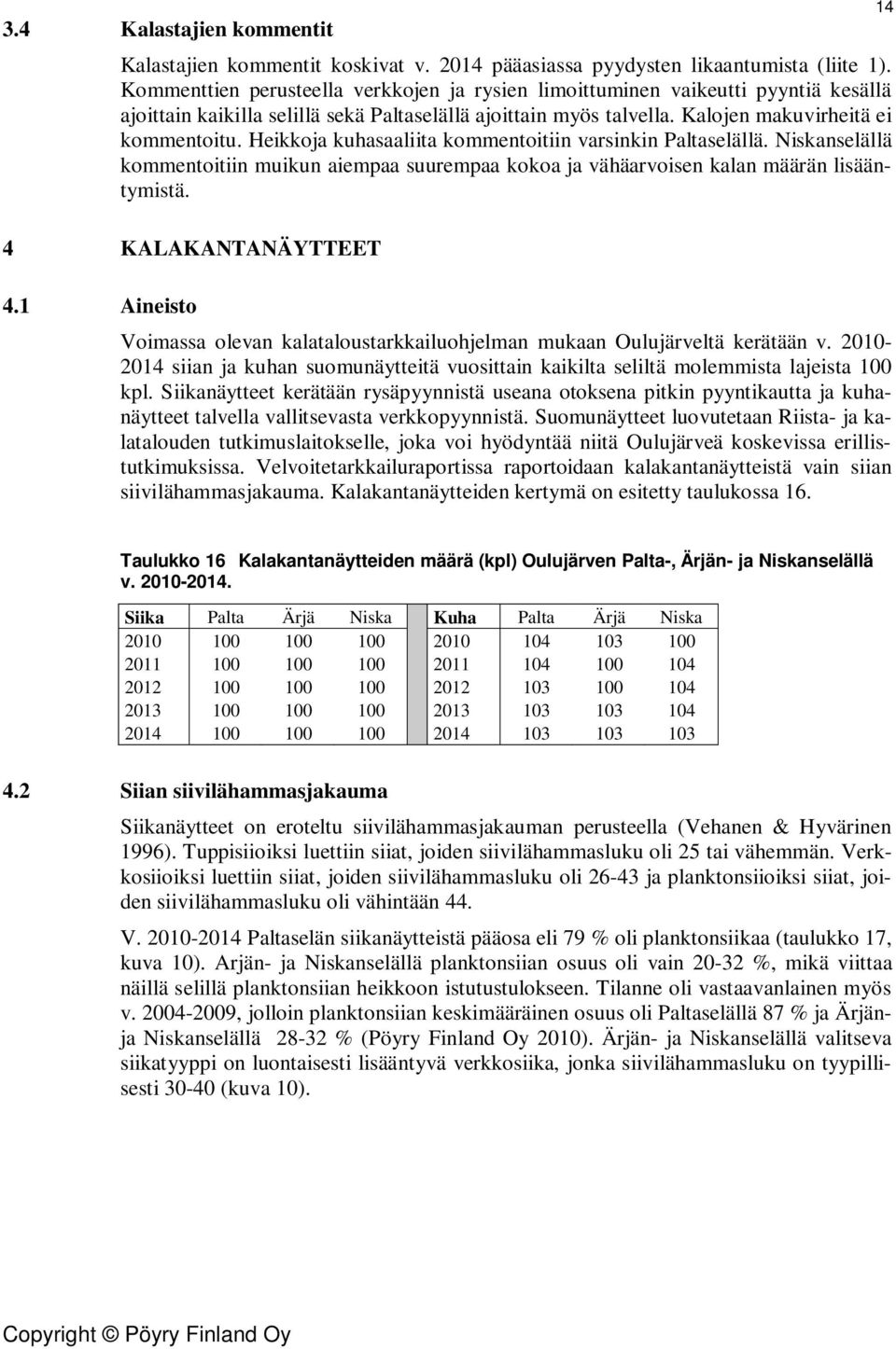 Heikkoja kuhasaaliita kommentoitiin varsinkin Paltaselällä. Niskanselällä kommentoitiin muikun aiempaa suurempaa kokoa ja vähäarvoisen kalan määrän lisääntymistä. 14 4 KALAKANTANÄYTTEET 4.