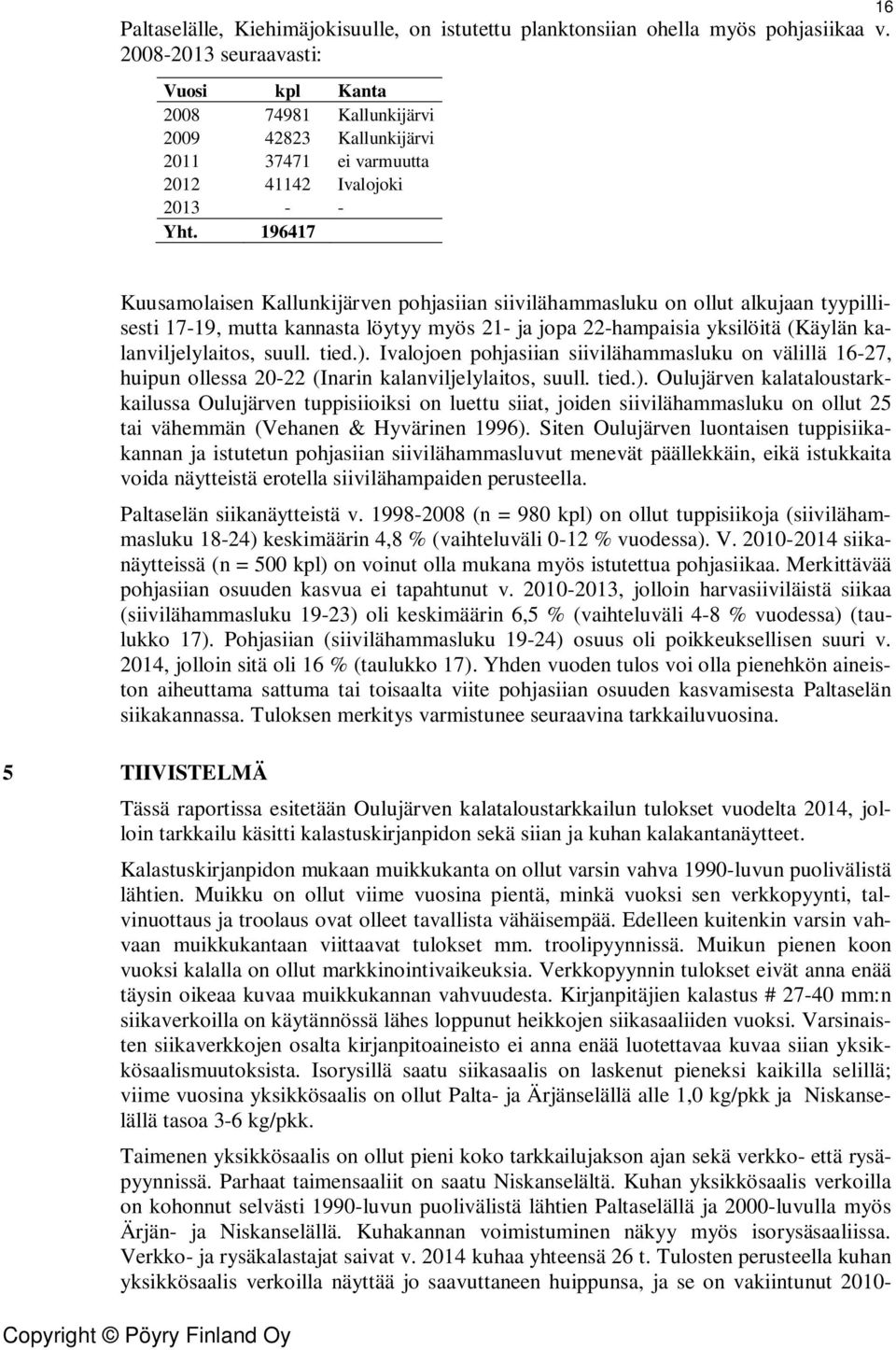 196417 16 Kuusamolaisen Kallunkijärven pohjasiian siivilähammasluku on ollut alkujaan tyypillisesti 17-19, mutta kannasta löytyy myös 21- ja jopa 22-hampaisia yksilöitä (Käylän kalanviljelylaitos,