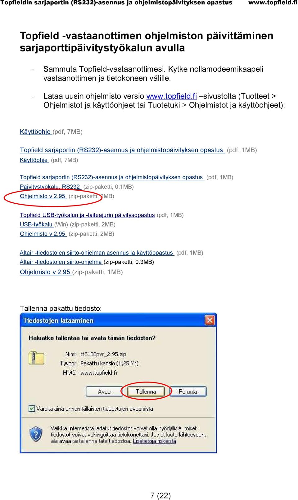 ohjelmistopäivityksen opastus (pdf, 1MB) Käyttöohje (pdf, 7MB) Topfield sarjaportin (RS232)-asennus ja ohjelmistopäivityksen opastus (pdf, 1MB) Päivitystyökalu, RS232 (zip-paketti, 0.