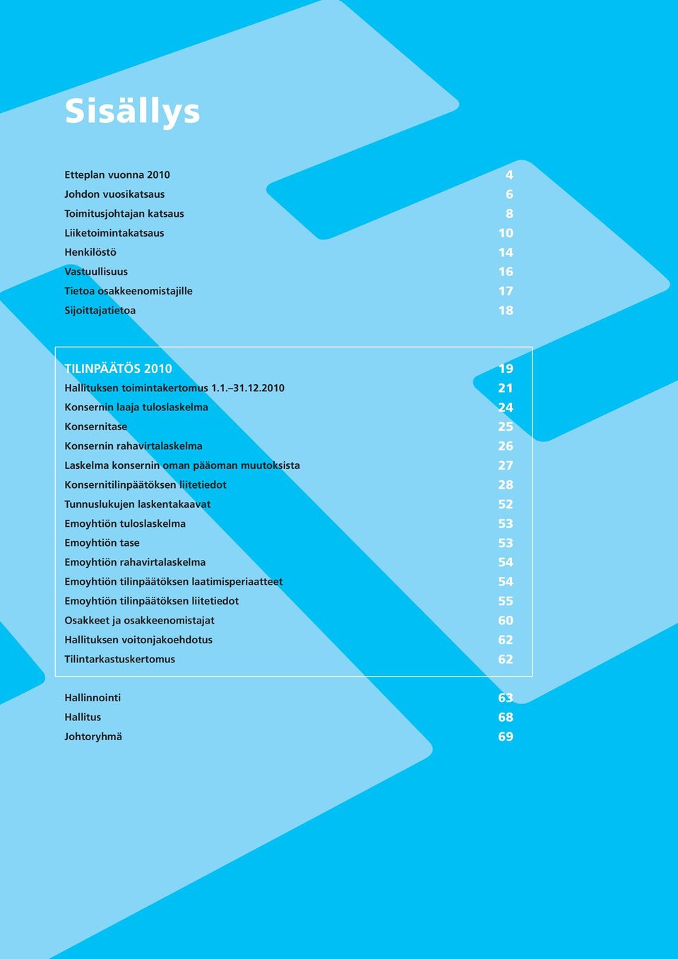 2010 21 Konsernin laaja tuloslaskelma 24 Konsernitase 25 Konsernin rahavirtalaskelma 26 Laskelma konsernin oman pääoman muutoksista 27 Konsernitilinpäätöksen liitetiedot 28 Tunnuslukujen