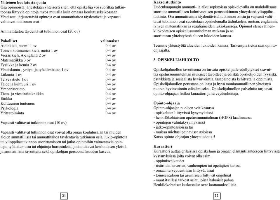 Ammattitaitoa täydentävät tutkinnon osat (20 ov) Pakolliset Äidinkieli, suomi 4 ov Toinen kotimainen kieli, ruotsi 1 ov Vieras kieli, A-englanti 2 ov Matematiikka 3 ov Fysiikka ja kemia 2 ov