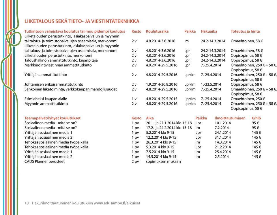 6.2016 Im 24.2-14.3.2014 Omaehtoinen, 58 Liiketalouden perustutkinto, asiakaspalvelun 6.2016 Lpr 24.2-14.3.2014 Omaehtoinen, 58 Liiketalouden perustutkinto, merkonomi 2 v 4.8.2014-3.6.2016 Lpr 24.2-14.3.2014 Oppisopimus, 58 Taloushallinon ammattitutkinto, kirjanpitäjä 2 v 4.