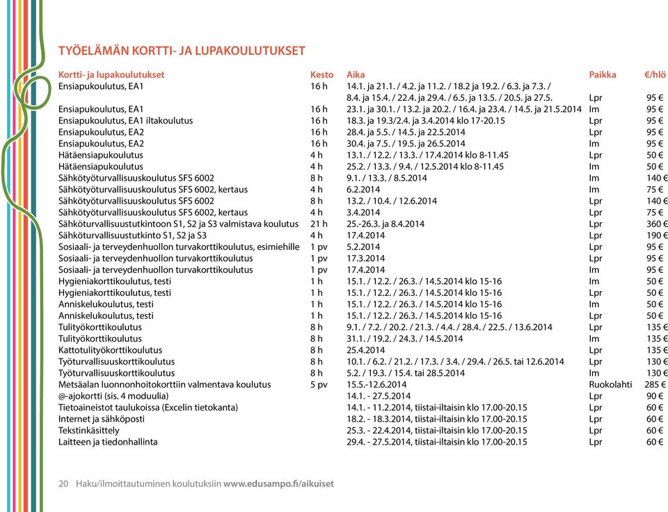 4. ja 3.4.2014 klo 17-20.15 Lpr 95 Ensiapukoulutus, EA2 16 h 28.4. ja 5.5. / 14.5. ja 22.5.2014 Lpr 95 Ensiapukoulutus, EA2 16 h 30.4. ja 7.5. / 19.5. ja 26.5.2014 Im 95 Hätäensiapukoulutus 4 h 13.1. / 12.