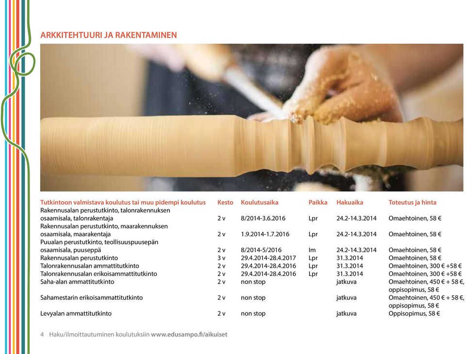 2-14.3.2014 Omaehtoinen, 58 Rakennusalan perustutkinto 3 v 29.4.2014-28.4.2017 Lpr 31.3.2014 Omaehtoinen, 58 Talonrakennusalan ammattitutkinto 2 v 29.4.2014-28.4.2016 Lpr 31.3.2014 Omaehtoinen, 300 +58 Talonrakennusalan erikoisammattitutkinto 2 v 29.
