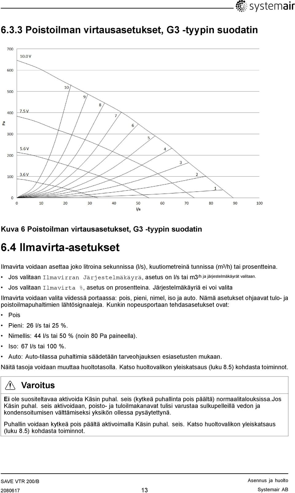 Jos valitaan Ilmavirran Järjestelmäkäyrä, asetus on l/s tai m3 /h ja järjestelmäkäyrät valitaan. Jos valitaan Ilmavirta %, asetus on prosentteina.