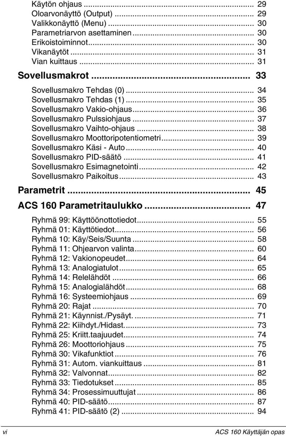 .. 38 Sovellusmakro Moottoripotentiometri... 39 Sovellusmakro Käsi - Auto... 40 Sovellusmakro PID-säätö... 41 Sovellusmakro Esimagnetointi... 42 Sovellusmakro Paikoitus... 43 Parametrit.