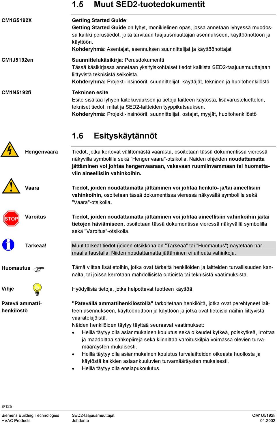 Kohderyhmä: Asentajat, asennuksen suunnittelijat ja käyttöönottajat Suunnittelukäsikirja: Perusdokumentti Tässä käsikirjassa annetaan yksityiskohtaiset tiedot kaikista SED2-taajuusmuuttajaan