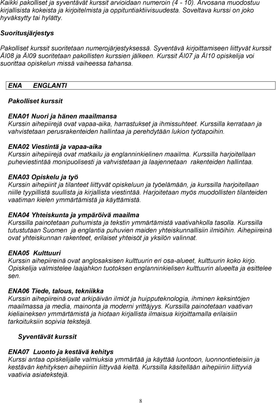 Syventävä kirjoittamiseen liittyvät kurssit ÄI08 ja ÄI09 suoritetaan pakollisten kurssien jälkeen. Kurssit ÄI07 ja ÄI10 opiskelija voi suorittaa opiskelun missä vaiheessa tahansa.