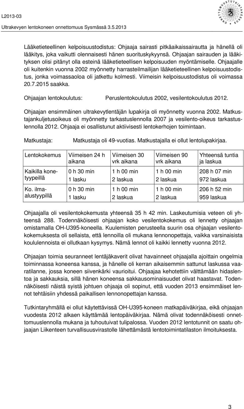 Ohjaajalle oli kuitenkin vuonna 2002 myönnetty harrasteilmailijan lääketieteellinen kelpoisuustodistus, jonka voimassaoloa oli jatkettu kolmesti. Viimeisin kelpoisuustodistus oli voimassa 20.7.