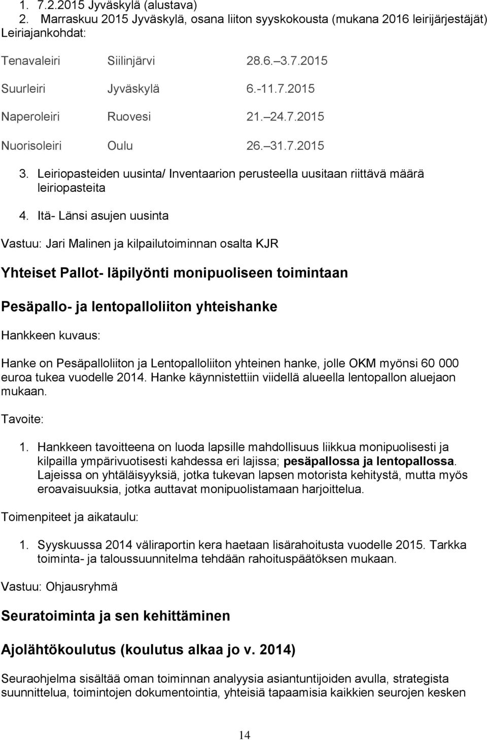 Itä- Länsi asujen uusinta Vastuu: Jari Malinen ja kilpailutoiminnan osalta KJR Yhteiset Pallot- läpilyönti monipuoliseen toimintaan Pesäpallo- ja lentopalloliiton yhteishanke Hankkeen kuvaus: Hanke