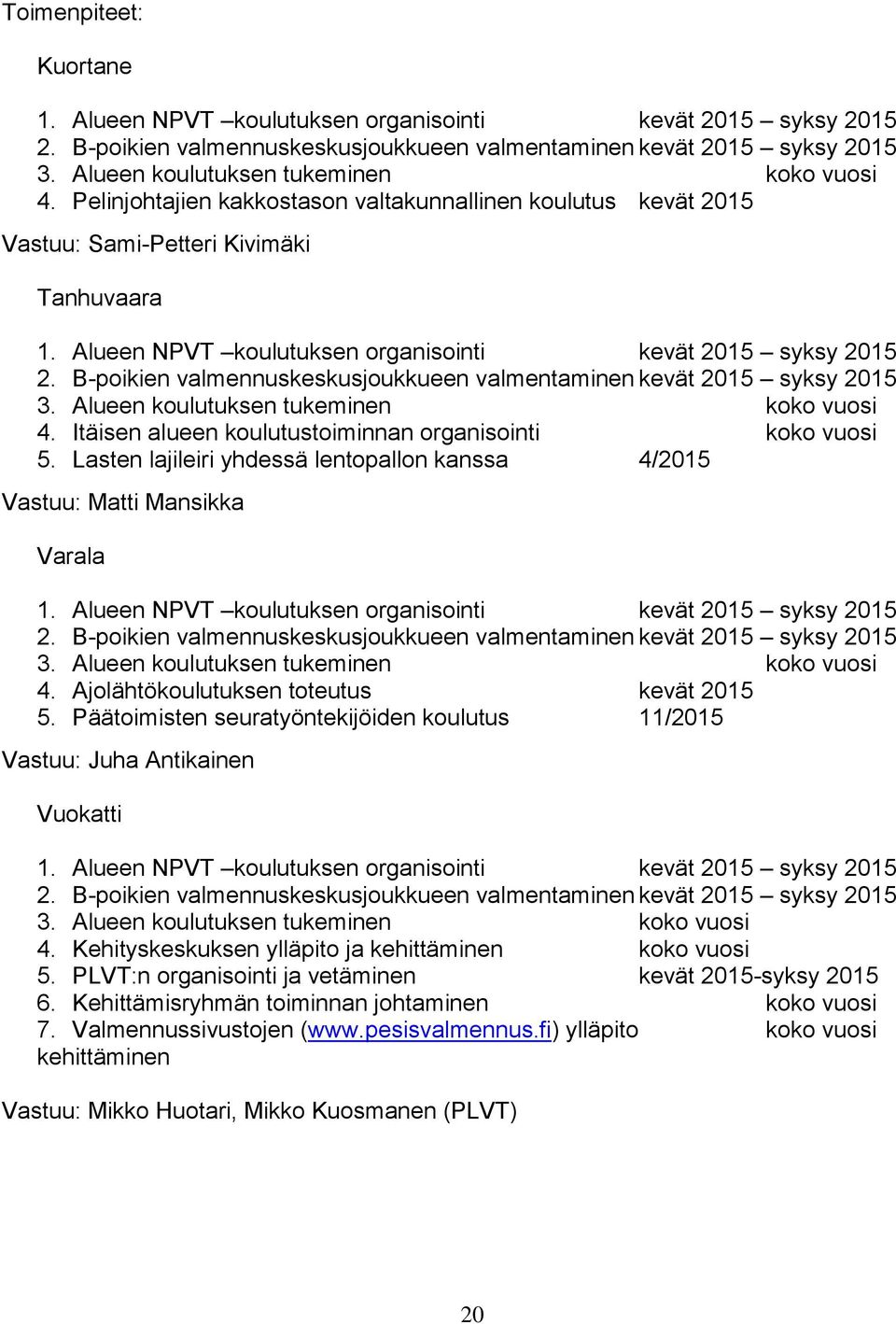 B-poikien valmennuskeskusjoukkueen valmentaminen kevät 2015 syksy 2015 3. Alueen koulutuksen tukeminen koko vuosi 4. Itäisen alueen koulutustoiminnan organisointi koko vuosi 5.