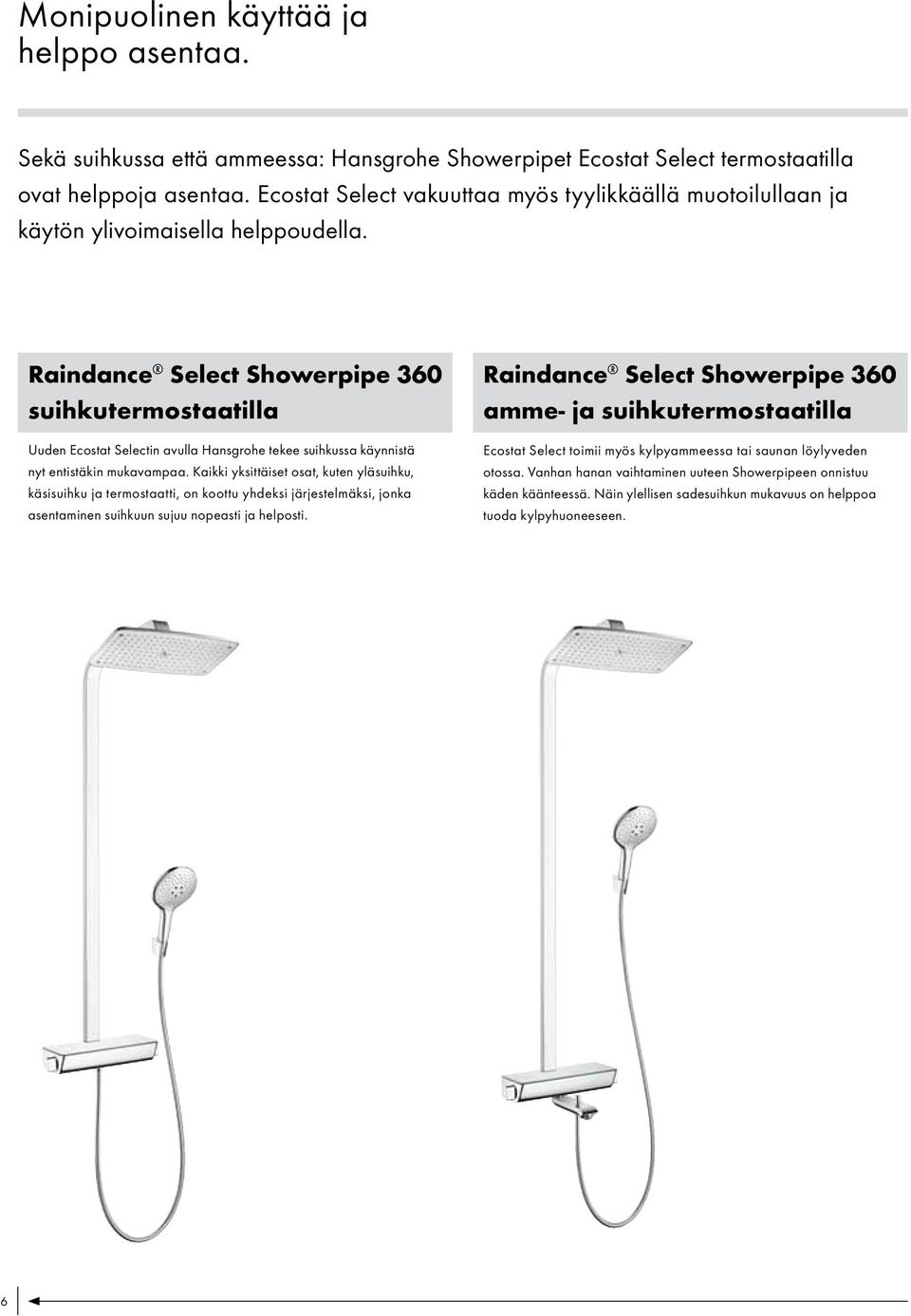 Raindance Select Showerpipe 360 suihkutermostaatilla Uuden Ecostat Selectin avulla Hansgrohe tekee suihkussa käynnistä nyt entistäkin mukavampaa.