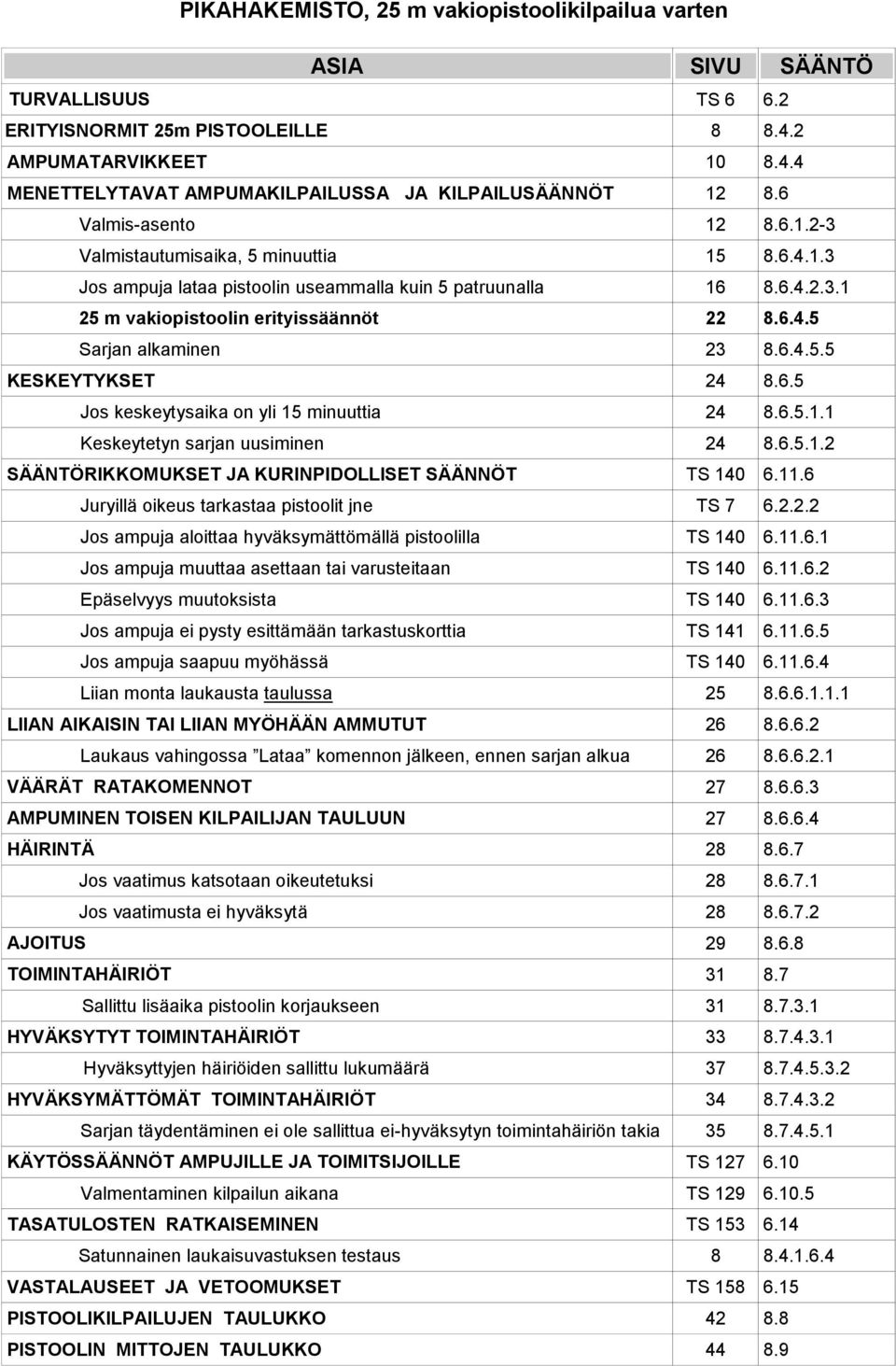 6.4.5.5 KESKEYTYKSET 24 8.6.5 Jos keskeytysaika on yli 15 minuuttia 24 8.6.5.1.1 Keskeytetyn sarjan uusiminen 24 8.6.5.1.2 SÄÄNTÖRIKKOMUKSET JA KURINPIDOLLISET SÄÄNNÖT TS 140 6.11.